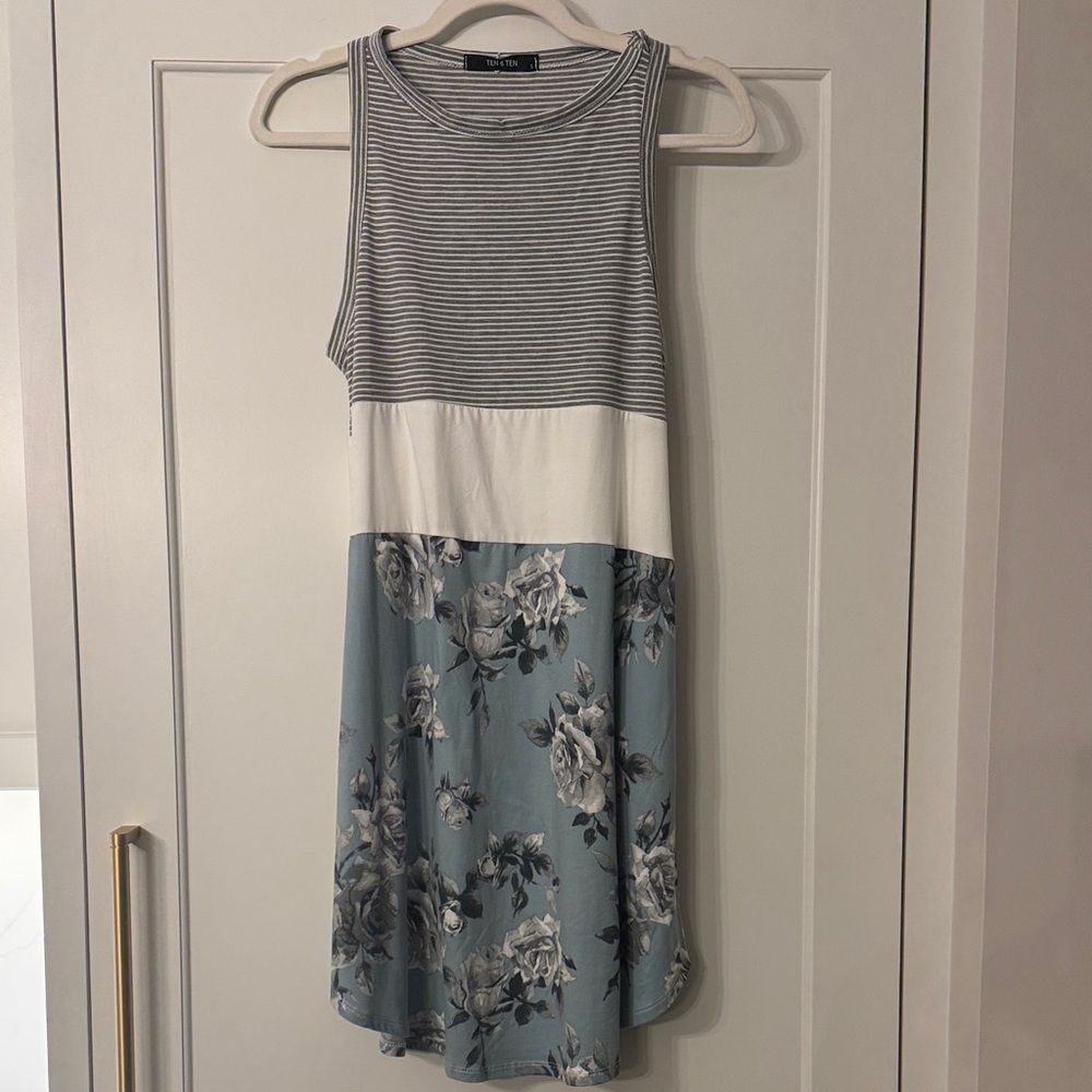 Gray Striped and Blue Floral Midi Dress